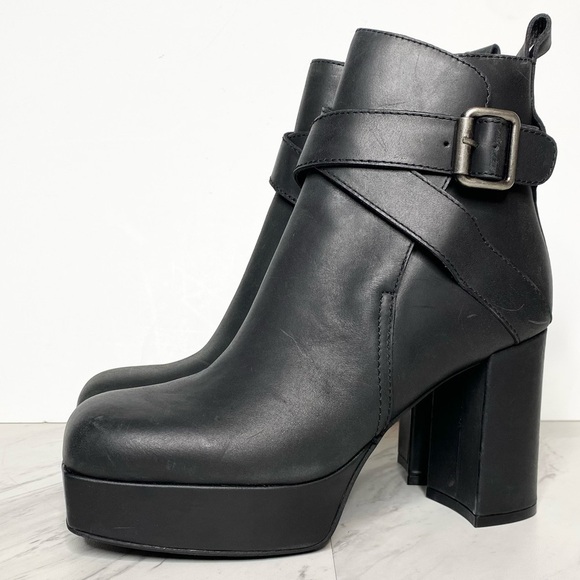 Jeffrey Campbell Amuse Black Leather Square Toe Heeled Platform Boot 7 - Picture 1 of 15